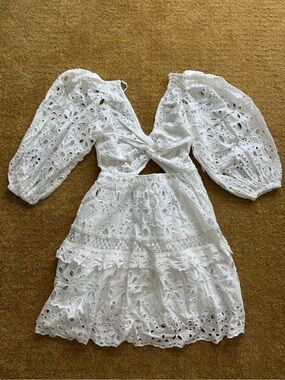 ASOS Edition White Broderie Twist Front Mini Dress with Puff Sleeve US2 NWT